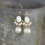 Pearl Drop Earrings, Lab Opal Earrings, Unique Gemstone Angel Earrings, Small Bridal Earrings, Wedding Jewelry
