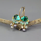 Small Gemstone Earrings, Tiny Green Blue Dangle Earrings, Gift Ideas, Pearl Cluster Earrings, Boho Earrings, Petite Earrings, Unique Jewelry