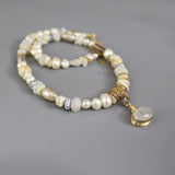 Moonstone Pearl Bridal Necklace, One of a Kind Necklace, Statement Necklace, Eye Pendant Necklace, Pearl Beaded Necklace, Moonstone Jewelry