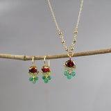 Clover Earrings Necklace Jewelry Set, Gemstone Jewelry, Bridesmaid Gift, Red Green Earrings, Green Onyx, Red Zircon, Peridot, Boho Jewelry
