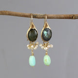Statement Labradorite Earrings, Pearl Cluster Earrings, Peruvian Opal Earrings, Unique Earrings, Multi Stone Earrings, Bridal Earrings