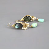 Statement Labradorite Earrings, Pearl Cluster Earrings, Peruvian Opal Earrings, Unique Earrings, Multi Stone Earrings, Bridal Earrings