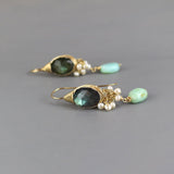 Statement Labradorite Earrings, Pearl Cluster Earrings, Peruvian Opal Earrings, Unique Earrings, Multi Stone Earrings, Bridal Earrings