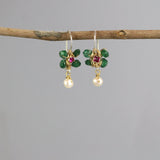 Pink Green Flower Earrings, Bohemian Earrings, Small Jasmine Earrings, Wire Wrap Gemstone Earrings, Pearl Earrings, Multi Stone Earrings