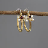 Garnet Hoop Earrings, Wire Wrapped Hoop Earrings, Garnet Pearl Hoops, Flower Hoop Earrings, Bohemian Earrings, Gemstone Hoops, Boho Chic