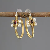 Garnet Hoop Earrings, Wire Wrapped Hoop Earrings, Garnet Pearl Hoops, Flower Hoop Earrings, Bohemian Earrings, Gemstone Hoops, Boho Chic