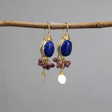 Lapis Earrings, Lepidolite Cluster Earrings, Gemstone Earrings, Statement Earrings, Wedding Earrings, Gold Lapis Earrings, Dangle Earrings