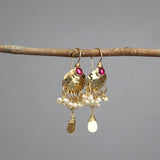 Statement Earrings, Fuchsia Zircon Earrings, Pearl Earrings, Hammered Earrings, Bridal Earrings, Wedding Guest Jewelry, Cluster Earrings