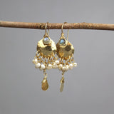 Unique Earrings, Labradorite Earrings, Antique Style Earrings, Pearl Earrings, Hammered Disc Earrings, Vintage Style, Wedding Jewelry