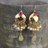 Statement Earrings, Fuchsia Zircon Earrings, Pearl Earrings, Hammered Earrings, Bridal Earrings, Wedding Guest Jewelry, Cluster Earrings