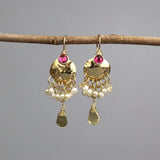 Statement Earrings, Fuchsia Zircon Earrings, Pearl Earrings, Hammered Earrings, Bridal Earrings, Wedding Guest Jewelry, Cluster Earrings