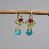 Colorful Dangle Earrings, Cluster Earrings, Peridot Earrings, Fuchsia Zircon Earrings, Unique Earrings, Multi Stone Earrings, Boho Earrings