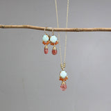 Opal Earrings Necklace Set, Lab Opal, Carnelian, Cherry Quartz, Jewelry Set, Bridesmaid Gift, Bohemian Earrings, Dainty Drop Necklace