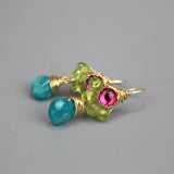 Colorful Dangle Earrings, Cluster Earrings, Peridot Earrings, Fuchsia Zircon Earrings, Unique Earrings, Multi Stone Earrings, Boho Earrings