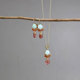 Opal Earrings Necklace Set, Lab Opal, Carnelian, Cherry Quartz, Jewelry Set, Bridesmaid Gift, Bohemian Earrings, Dainty Drop Necklace