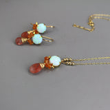 Opal Earrings Necklace Set, Lab Opal, Carnelian, Cherry Quartz, Jewelry Set, Bridesmaid Gift, Bohemian Earrings, Dainty Drop Necklace