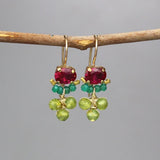 Gemstone Earrings, Tiny Dangle Earrings, Pink Green Earrings, Green Onyx Earrings, Peridot Earrings, Joy Earrings, Petite Cluster Earrings