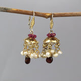 Chandelier Earrings, Ruby Earrings, Garnet Drop Earrings, Unique Bridal Earrings, Vintage Style Earrings, Pearl Earrings, Ruby Birthstone