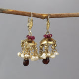 Chandelier Earrings, Ruby Earrings, Garnet Drop Earrings, Unique Bridal Earrings, Vintage Style Earrings, Pearl Earrings, Ruby Birthstone