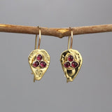 Garnet Shield Earrings, Hammered Protection Earrings, Gold Drop Earrings, Spiritual Earrings, January Birthstone Earrings, Petite Earrings