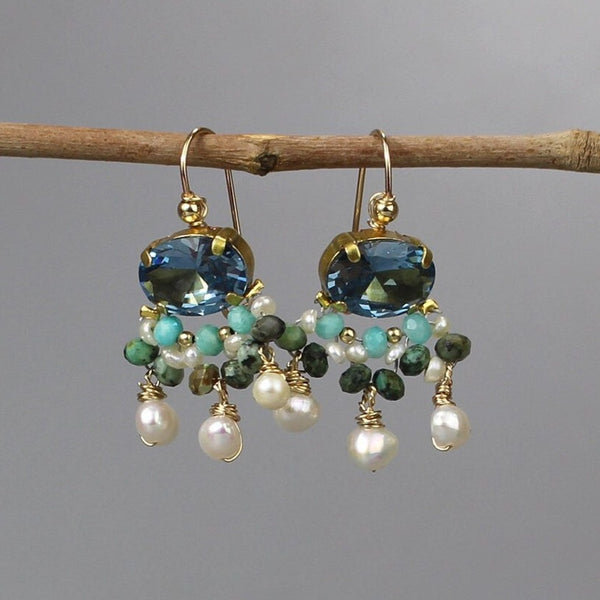 Light Blue CZ Earrings, Vintage Style Earrings, Bridal Earrings, African Turquoise Earrings, Pearl Drop Earrings, Gemstone Cluster Earrings