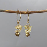 Citrine Hoop Earrings, Cluster Hoop Earrings, November Birthstone, Pearl Drop Earrings, Golden Pearl Earrings, Boho Earrings