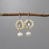 Pearl Bridal Wedding Earrings, Labradorite Earrings, Labradorite Flower Earrings, Pearl Flower, Spring Wedding, Sterling Silver, Bridal Gift