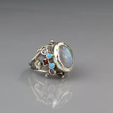 Moonstone and Lab Opal Silver Queen Ring