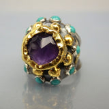 Solid Gold Amethyst Turquoise Nefertiti Ring