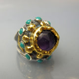 Solid Gold Amethyst Turquoise Nefertiti Ring