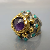 Solid Gold Amethyst Turquoise Nefertiti Ring