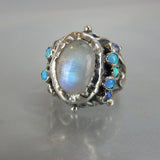 Silver Rainbow Moonstone Queen Ring