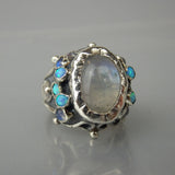 Silver Rainbow Moonstone Queen Ring