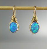 Wire Wrapped Blue Oval Opal Earrings