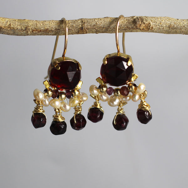 Pearl Garnet Fan Drop Earrings