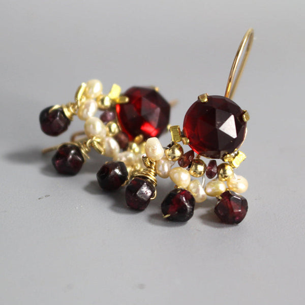 Pearl Garnet Fan Drop Earrings