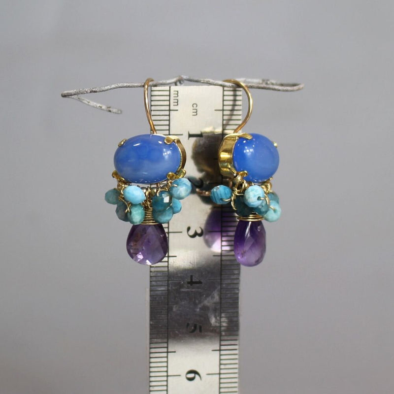 Blue Agate Earrings, Statement Earrings, Multi Color Earrings, Gemstone Earrings, Amazonite Earrings, Amethyst Drop Earrings, Oval Earrings