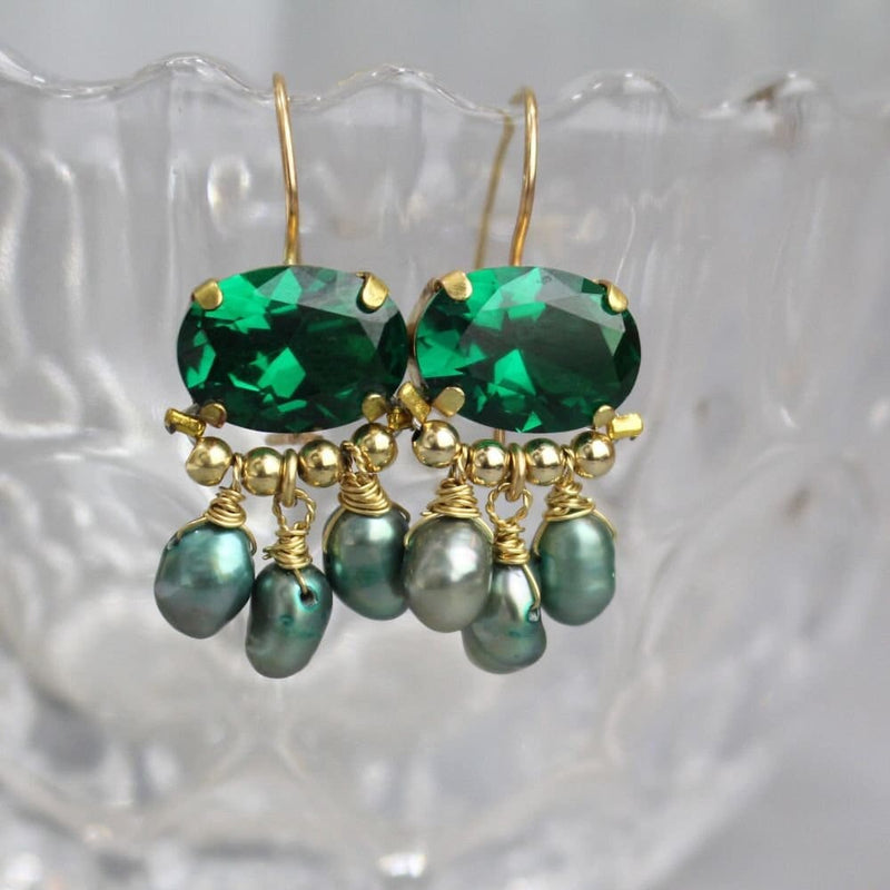 Green Zircon Earrings, Nature Inspired Earrings, Green Jewelry, Pearl Drop Earrings, Statement Earrings, Woodland Wedding Jewelry