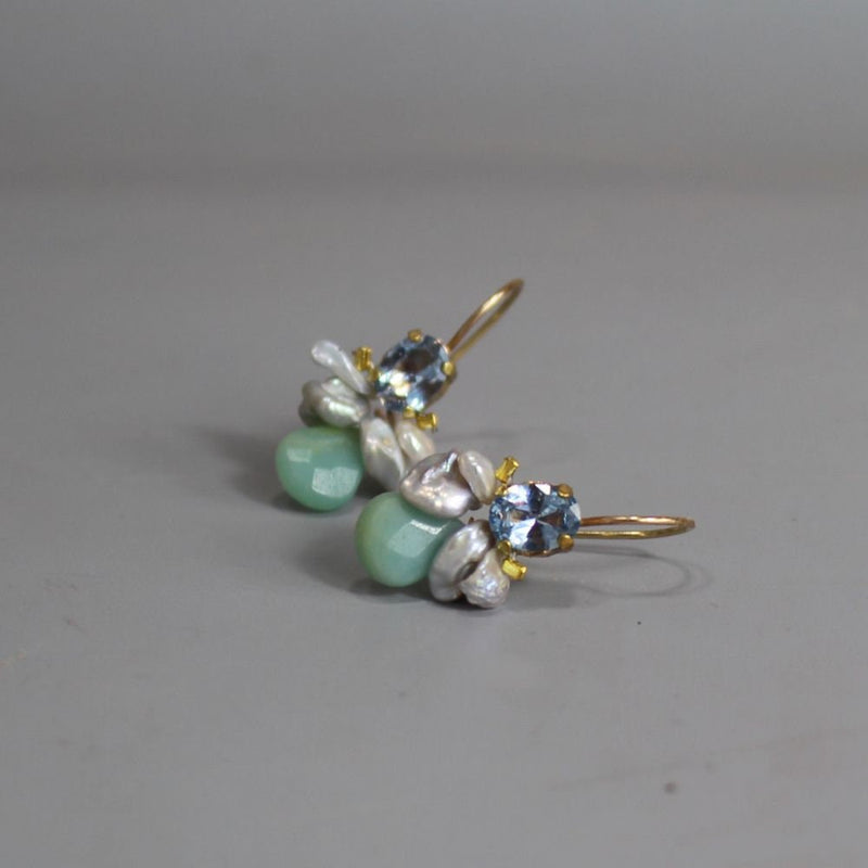 Blue Zircon Bee Earrings, Dainty Gemstone Earrings, Grey Keshi Pearl Earrings, Amazonite Drop Earrings, Unique Cluster Earrings