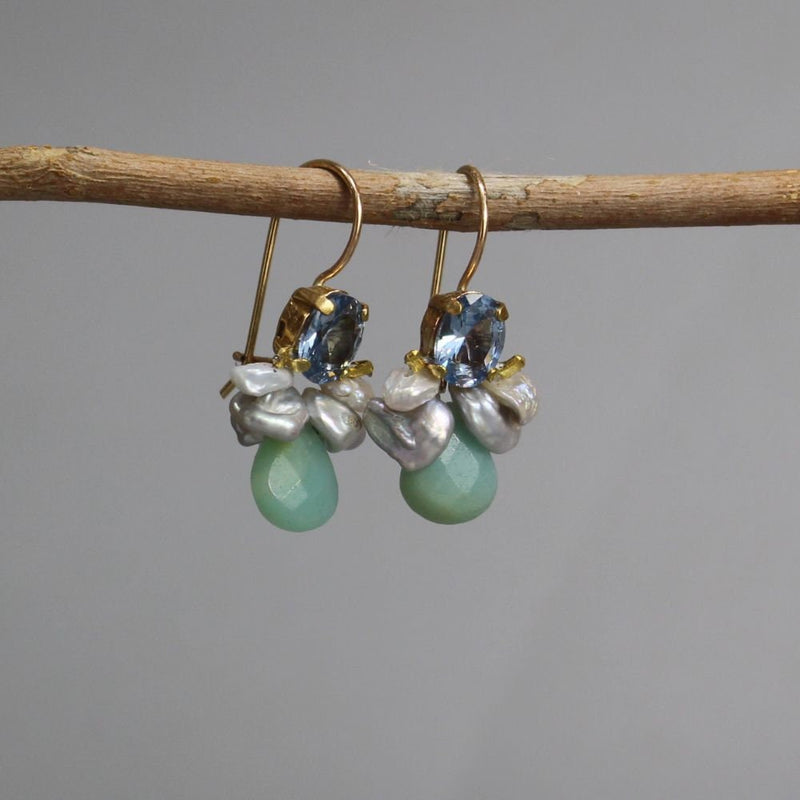 Blue Zircon Bee Earrings, Dainty Gemstone Earrings, Grey Keshi Pearl Earrings, Amazonite Drop Earrings, Unique Cluster Earrings