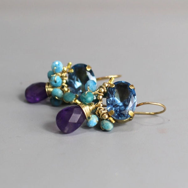 Blue Zircon Earrings, Statement Earrings, Multi Color Earrings, Gemstone Earrings, Apatite Earrings, Amethyst Drop Earrings, Oval Earrings