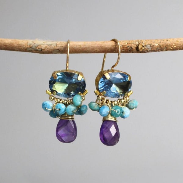 Blue Zircon Earrings, Statement Earrings, Multi Color Earrings, Gemstone Earrings, Apatite Earrings, Amethyst Drop Earrings, Oval Earrings