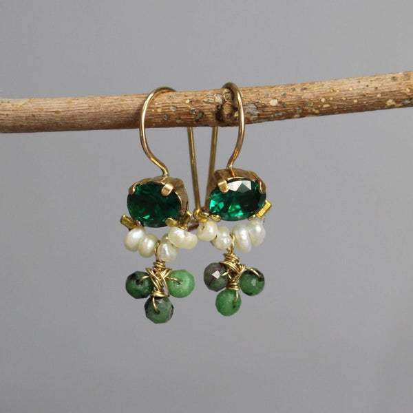 Green Earrings, Tiny Gemstone Earrings, Colorful Earrings, Cluster Earrings, Ruby Zoisite Earrings, Pearl Earrings, Small Drop Earrings