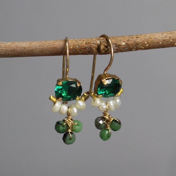 Green Earrings, Tiny Gemstone Earrings, Colorful Earrings, Cluster Earrings, Ruby Zoisite Earrings, Pearl Earrings, Small Drop Earrings