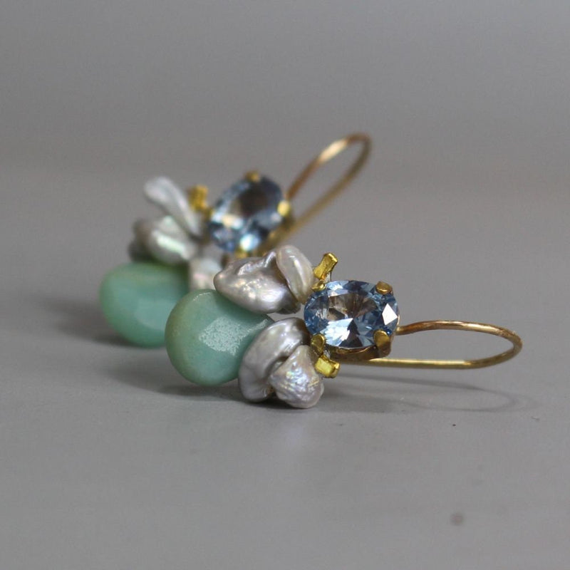 Blue Zircon Bee Earrings, Dainty Gemstone Earrings, Grey Keshi Pearl Earrings, Amazonite Drop Earrings, Unique Cluster Earrings