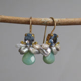 Blue Zircon Bee Earrings, Dainty Gemstone Earrings, Grey Keshi Pearl Earrings, Amazonite Drop Earrings, Unique Cluster Earrings