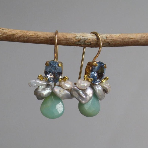 Blue Zircon Bee Earrings, Dainty Gemstone Earrings, Grey Keshi Pearl Earrings, Amazonite Drop Earrings, Unique Cluster Earrings