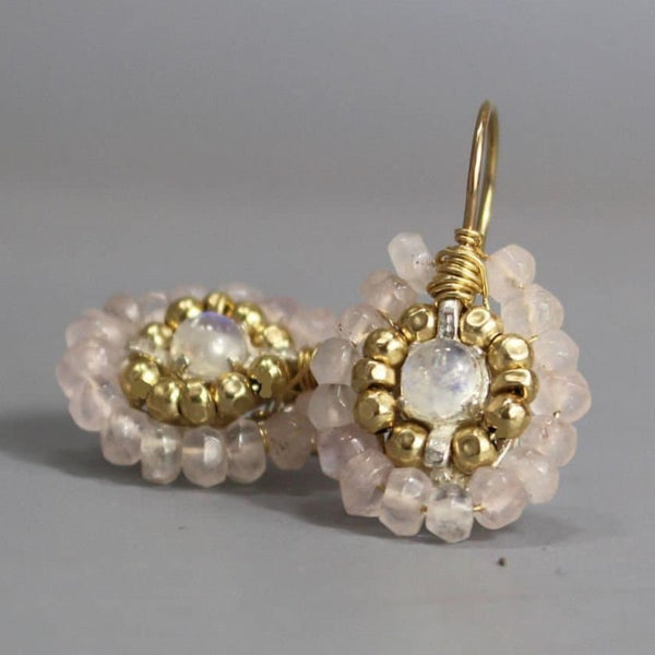 Rose Quartz Jewelry, Rose Quartz Moonstone Small Mandala Earrings, Spiritual Jewelry, Rose Quartz Earrings, Dainty Round Earrings