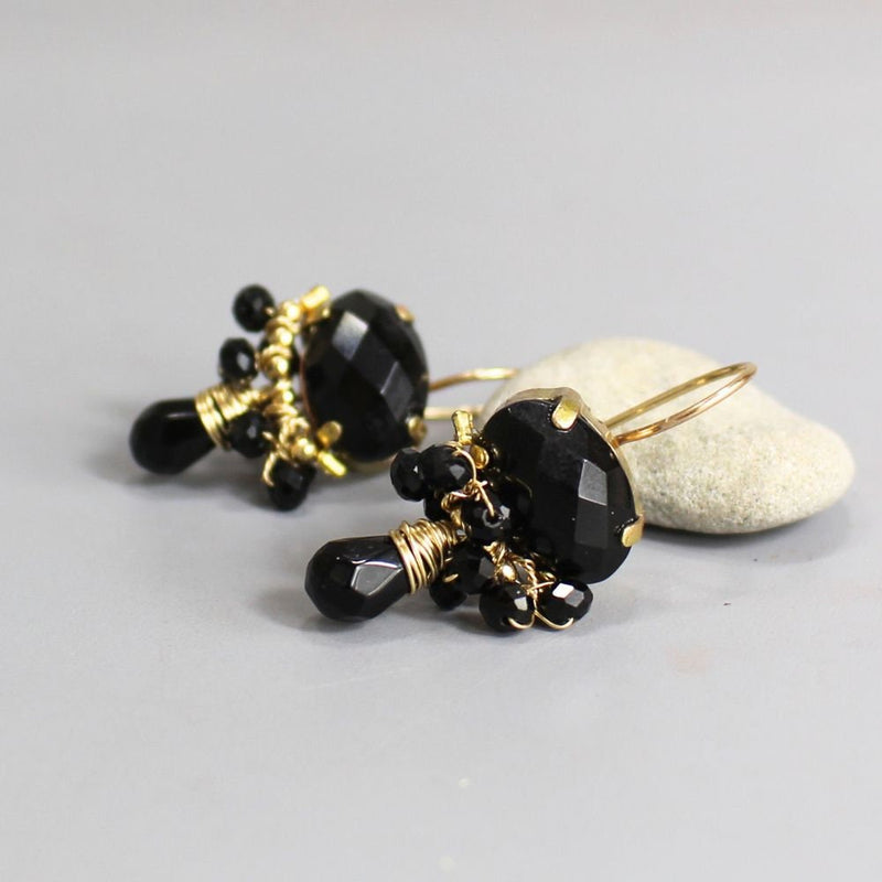 Onyx Earrings, Statement Earrings, Black Gemstone Earrings, Cluster Earrings, Dangle Drop Earrings, Oval Earrings, Elegant Earrings