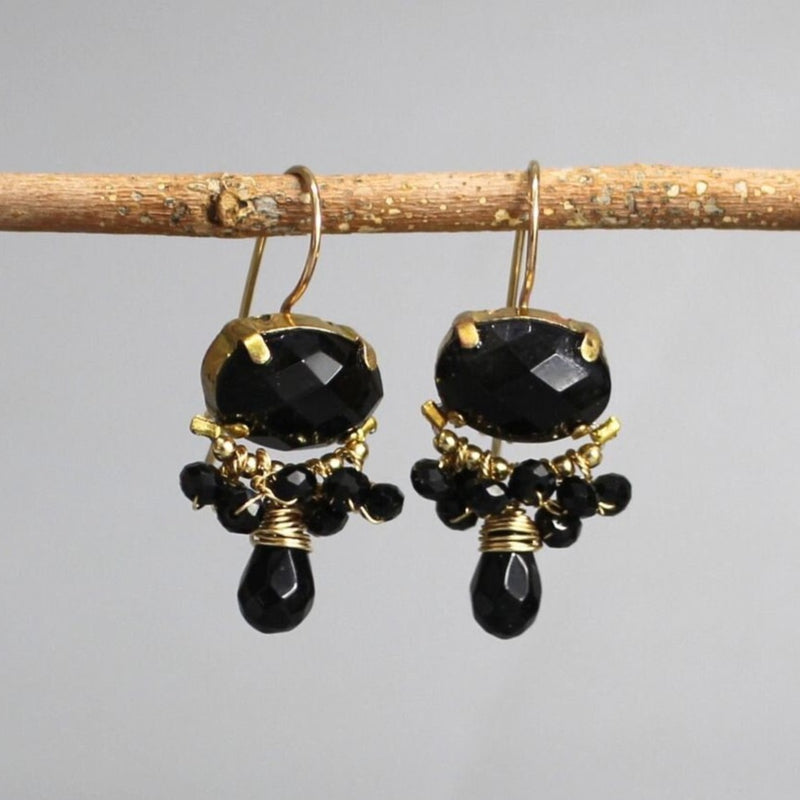 Onyx Earrings, Statement Earrings, Black Gemstone Earrings, Cluster Earrings, Dangle Drop Earrings, Oval Earrings, Elegant Earrings